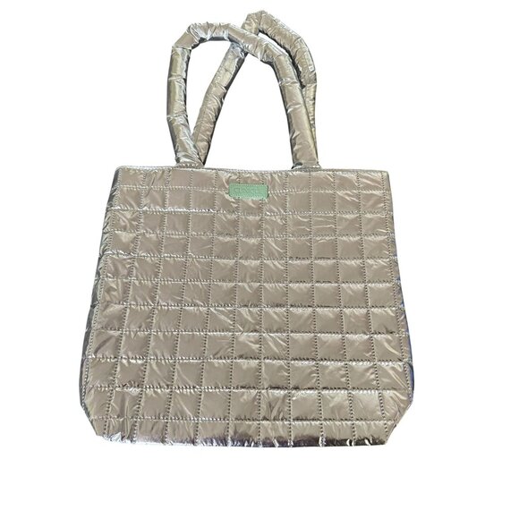 Clinique NWT Quilted Silver Tote Bag With Green Logo Patch - 15" x 13" Size - Picture 1 of 6
